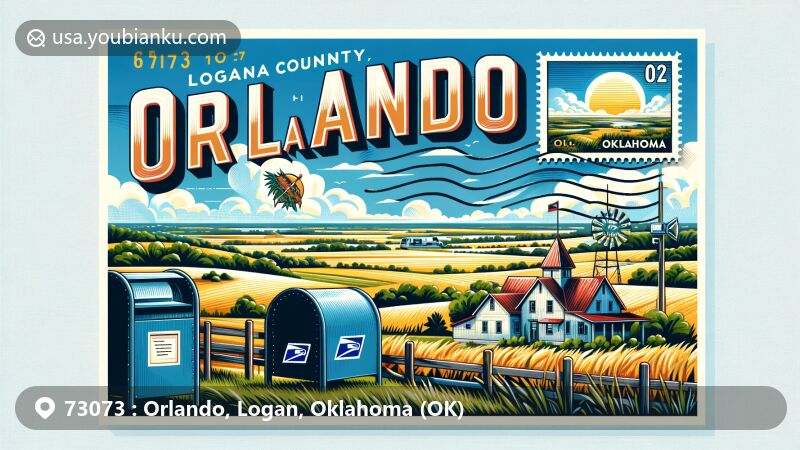 Creative illustration of Orlando, Logan County, Oklahoma, represented as a postcard with ZIP code 73073, featuring the state flag, scenic countryside view, postal elements, and local landmarks.