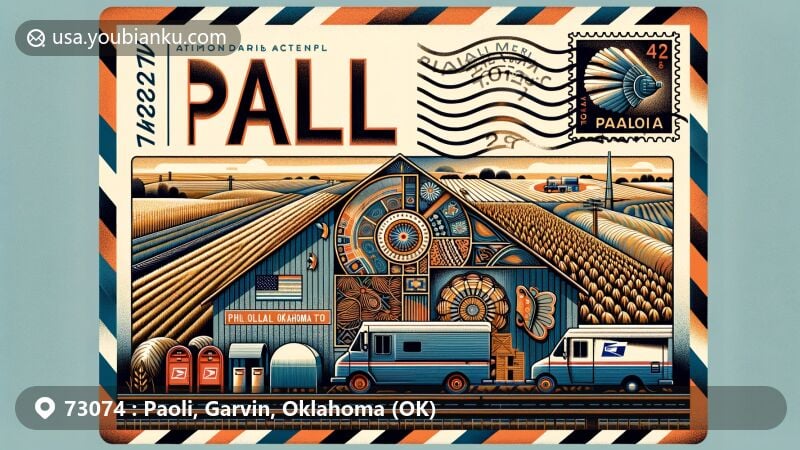Modern illustration of Paoli, Garvin County, Oklahoma, featuring airmail envelope with ZIP code 73074, highlighting railway, farms, indigenous heritage, and Chickasaw Nation history.