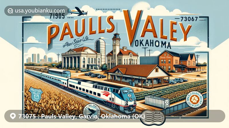 Modern illustration of Pauls Valley, Oklahoma, highlighting agricultural heritage, railroad history, and postal elements like corn, wheat, cotton fields, Santa Fe Railway depot (1905), Amtrak Heartland Flyer train, vintage postcard format, stamps, postmarks with '73075', 'Pauls Valley, OK', and natural scenery.