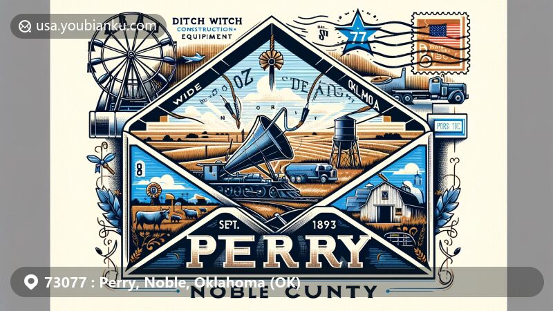 Creative postal-themed illustration for ZIP code 73077 in Perry, Noble County, Oklahoma, featuring Ditch Witch equipment, Noble County Free Fair elements, and Oklahoma's natural landscape.