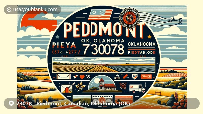 Modern illustration of Piedmont, Oklahoma, blending its landscape and agricultural heritage with postal elements, featuring a postcard with Oklahoma state flag stamp and 73078 postmark.