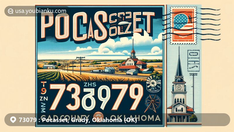 Modern illustration of Pocasset, Grady County, Oklahoma, featuring rural charm with open fields, clear skies, and Saltcreek Casino against a backdrop symbolizing agricultural heritage.