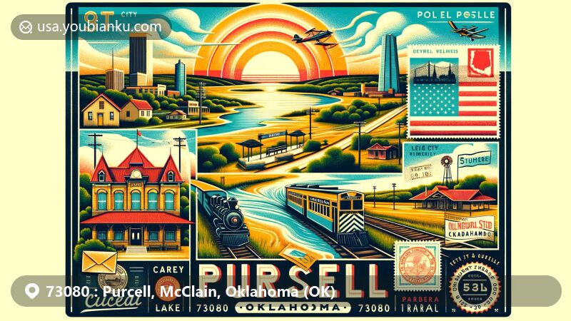 Modern illustration of Purcell, Oklahoma, showcasing Purcell City Lake at sunset, the historical train station, and a vintage postal theme with ZIP code 73080, blending with natural and cultural elements.