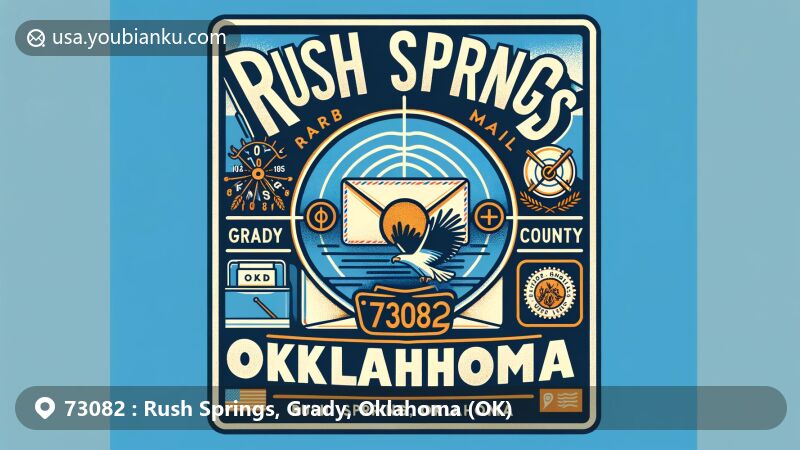 Modern illustration of Rush Springs, Grady, Oklahoma, inspired by airmail envelope shape with postal elements and symbols of Rush Springs and Grady County, showcasing Oklahoma state flag and ZIP code 73082.