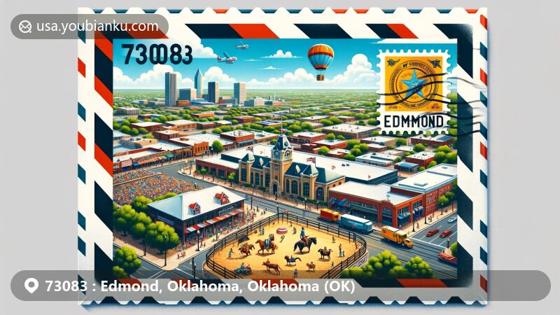 Modern illustration of Edmond, Oklahoma, showcasing iconic landmarks like the Santa Fe rail line and the University of Central Oklahoma, alongside community events like rodeos and street festivals.