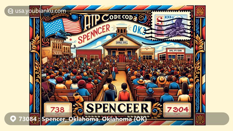 Modern illustration capturing the rich cultural diversity of Spencer, Oklahoma, emphasizing African American heritage and the historic significance of Dunjee School. Features Oklahoma state symbols like the state flag, showcasing community resilience and pride. Postcard layout resembling an airmail envelope with decorative borders similar to postage stamps. Interior design depicts a vibrant community setting symbolizing unity and growth.