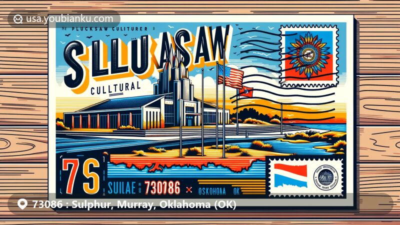 Modern illustration of Sulphur, Murray County, Oklahoma, highlighting Chickasaw Cultural Center and Oklahoma state flag, with postal elements like postcard, stamps, and postmark, featuring ZIP Code 73086.