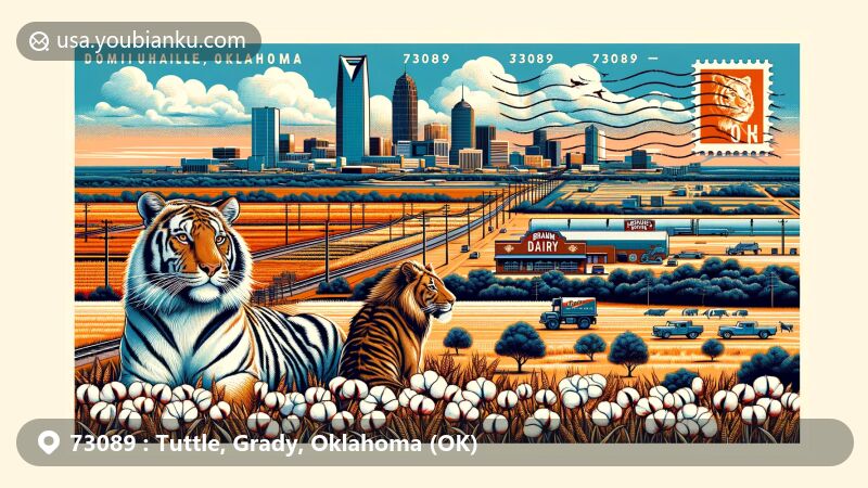 Modern illustration of Tuttle, Oklahoma, in Grady County, showcasing Tiger Safari Zoological Park and agricultural significance with wheat fields, cotton fields, and Braum's Dairy.