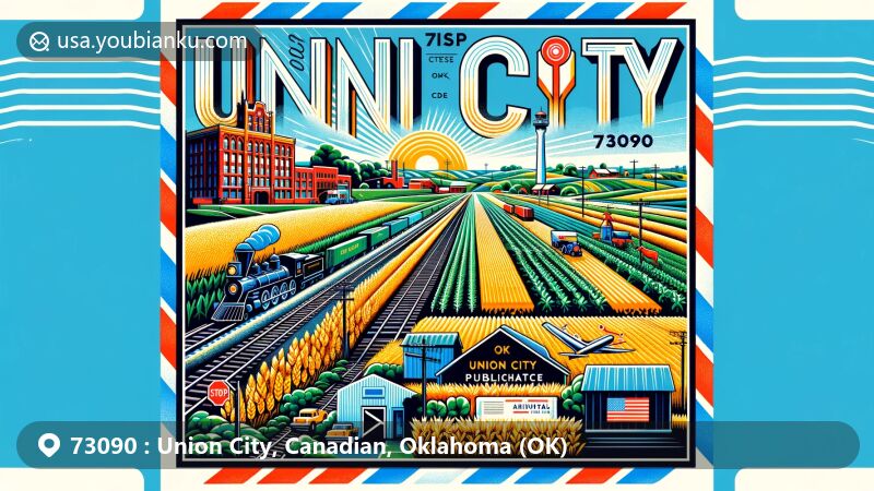 Modern illustration of Union City, Oklahoma, in Canadian County, ZIP code 73090, highlighting agricultural and rural heritage, Chicago, Rock Island, and Pacific railway, Richardson Building, and postal theme with Oklahoma state flag stamp.