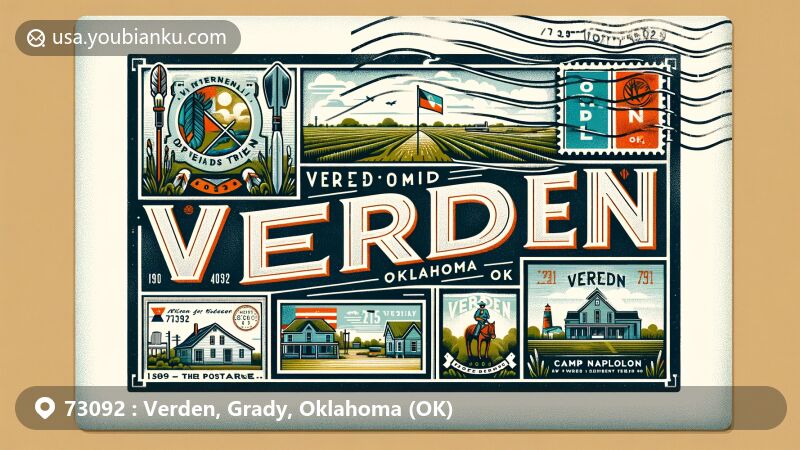 Modern illustration of Verden, Grady County, Oklahoma, featuring vintage airmail envelope background with iconic symbols like cottonwood tree, peace sign, and map, as well as details of Oklahoma state flag stamp, Verden postmark, and vintage airplane.