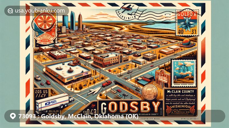 Modern illustration of Goldsby, Oklahoma, McClain County, highlighting postal theme with ZIP code 73093, featuring Riverwind Casino and local landmarks.