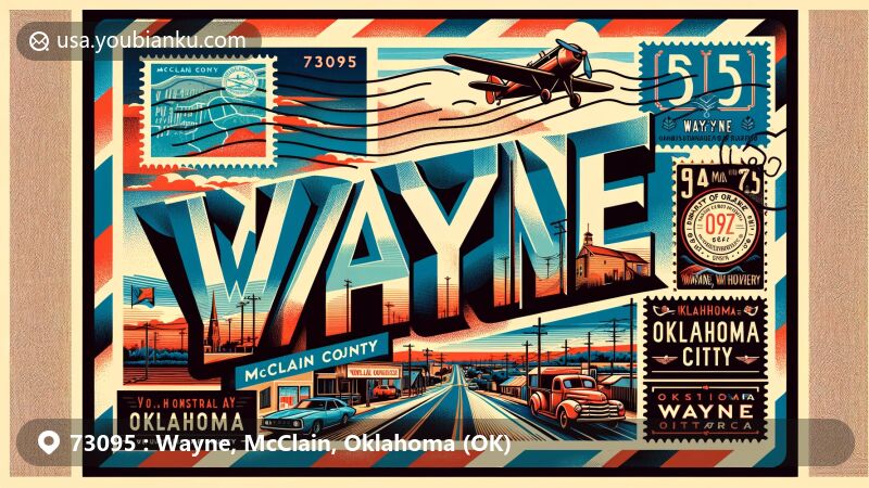 Modern illustration of Wayne, McClain County, Oklahoma, featuring postal theme with ZIP code 73095, showcasing U.S. Highway 77 and State Highway 59 intersection, vintage postcard style, airmail borders, heritage stamps reflecting Wayne, OK, and postal mark '73095 Wayne, OK', all set against Oklahoma state flag backdrop, capturing essence of Wayne as 'Heart of Oklahoma Central Area', vibrant colors and dynamic composition for eye-catching and informative visual appeal, in wide format (1792x1024 pixels) for detailed narrative on Wayne's unique charm and postal significance.