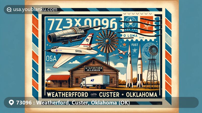 Modern illustration of Weatherford, Custer, Oklahoma, highlighting landmarks like Stafford Air & Space Museum with Gemini 6A spacecraft, Titan II missile, and F-16 fighter jet; Weatherford Wind Energy Center with wind turbine blade; Blair Log Cabin; and Oklahoma state symbols.