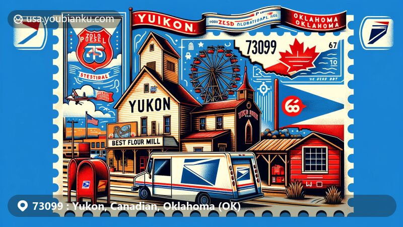 Modern illustration of ZIP code 73099 in Yukon, Oklahoma, featuring Yukon's Best Flour mill on U.S. Route 66, Czech Festival banners, traditional Czech patterns, postage stamp with '73099', postal truck, red mailbox, and subtle USPS logos.