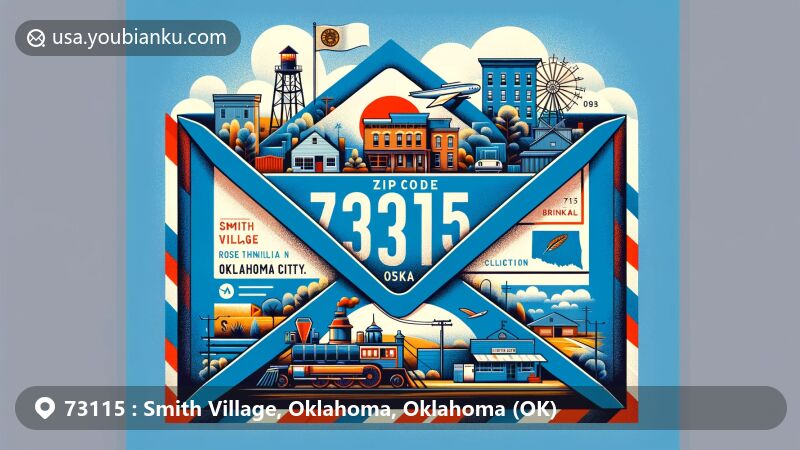 Illustration of Smith Village, Oklahoma, featuring postal theme with ZIP code 73115, showcasing historical background of Rose Henrietta Smith's founding in 1949, highlighting layout of residential area and lack of commercial development, emphasizing tight-knit community and service-oriented residents, incorporating Oklahoma state symbols like state flag and county outline, mentioning Bricktown for local flavor, with vibrant colors and modern illustration style for informative and visually appealing representation.