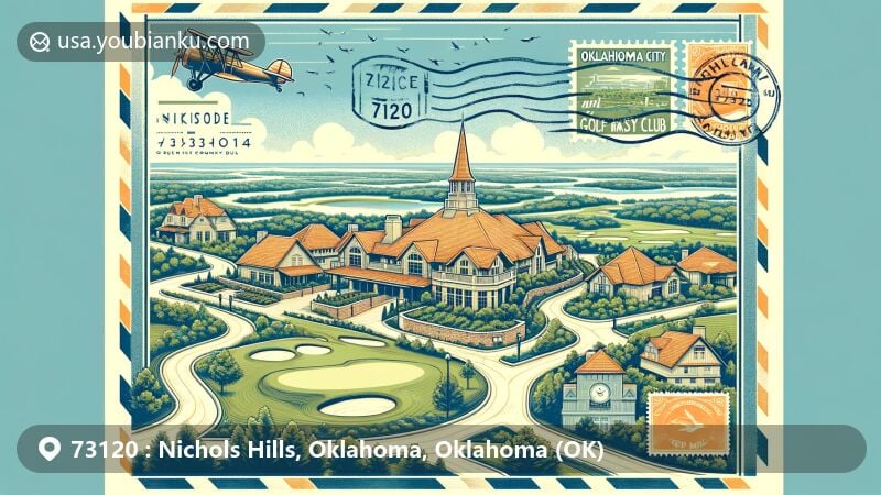 Modern illustration of Nichols Hills, Oklahoma County, Oklahoma, presenting postal theme with ZIP code 73120, featuring Oklahoma City Golf and Country Club and English town-named streets.