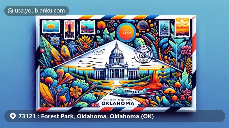 Contemporary illustration of Forest Park, Oklahoma, highlighting ZIP code 73121, featuring Oklahoma State Capitol Building, Robbers Cave, and local flora against a vibrant air mail envelope.