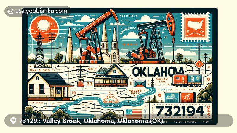 Modern illustration of Valley Brook, Oklahoma, with ZIP code 73129, featuring regional characteristics, postal elements, oil derricks, community building, and symbols of the United States and Oklahoma.