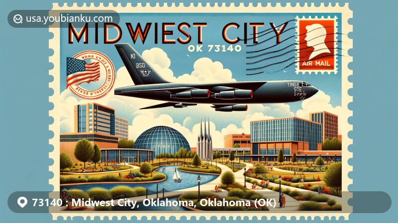 Modern illustration of Midwest City, Oklahoma, showcasing vintage aviation postcard theme with B-52 bomber, Rose State College architecture, and Charles J. Johnson Central Park.