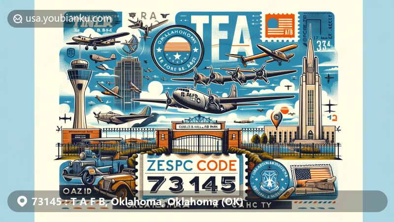 Modern illustration of Tinker Air Force Base area with historic landmarks and postal theme, showcasing ZIP code 73145 and Oklahoma City attractions.