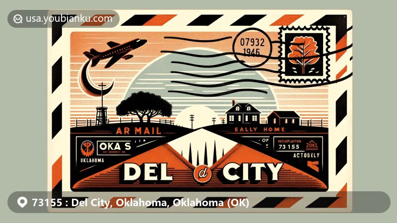 Creative illustration of Del City, Oklahoma, showcasing ZIP Code 73155 with a modern air mail envelope design and local elements like a stylized oak tree. The design highlights the city's landscape, landmarks, and postal history.