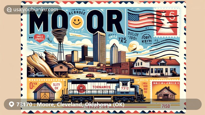 Contemporary postcard-style illustration of Moore, Oklahoma, depicting historic tornado events of 1999 and 2013, honoring Al Moore with name on boxcar, showcasing ZIP Code 73170, Smile America campaign motifs, and tribute to Toby Keith.