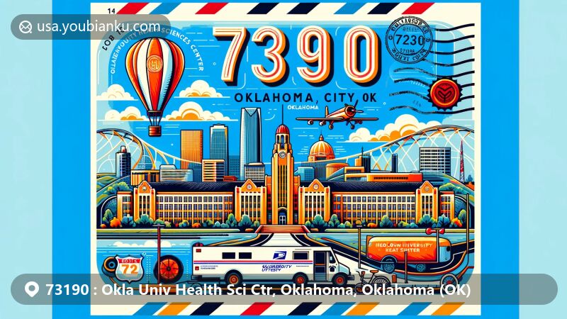 Modern illustration of ZIP Code 73190 area at Oklahoma University Health Sciences Center, featuring campus buildings, health sciences symbols, and Oklahoma City emblems.
