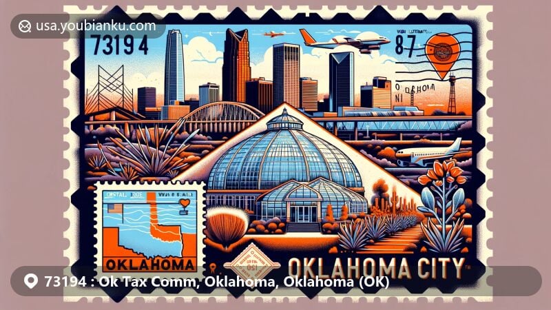 Modern illustration of ZIP code 73194 in Oklahoma City, Oklahoma, featuring the city skyline with Crystal Bridge Tropical Conservatory, Great Salt Plains, and vintage airmail envelope with Oklahoma state symbols and cultural landmarks.