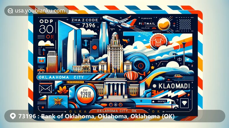 Innovative depiction of ZIP Code 73196 area in Oklahoma City, combining postal elements with local landmarks and cultural symbols.