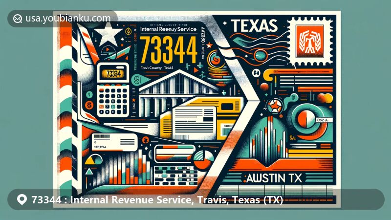 Creative illustration representing ZIP code 73344 in Travis County, Texas, showcasing IRS theme with financial elements and Texas state flag.