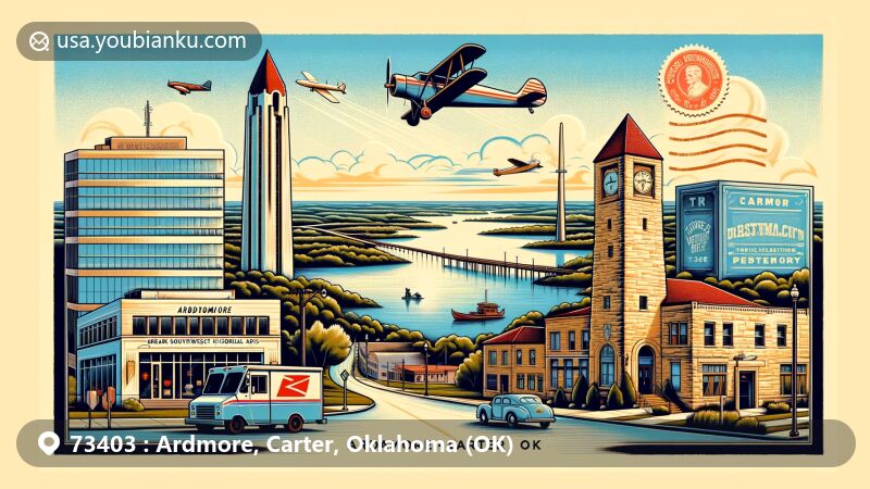 Modern illustration of Ardmore, Carter County, Oklahoma, capturing the essence of ZIP code 73403 with scenic views of Tucker Tower at Lake Murray, landmarks like Greater Southwest Historical Museum and Charles B. Goddard Center, representation of Main Street's growth, and symbols of postal service history and Oklahoma's state pride.