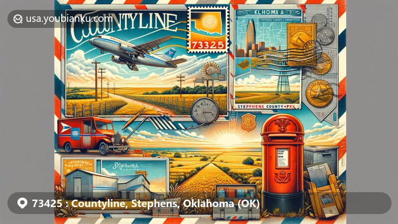 Modern illustration of Countyline, Stephens County, Oklahoma, showcasing airmail envelope with ZIP code 73425, Oklahoma landmark stamp, Stephens County map, red mailbox, postal van, and serene agricultural landscape with sunrise.