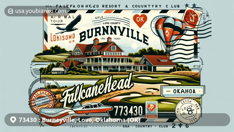 Modern illustration of Burneyville, Love County, Oklahoma, featuring ZIP code 73430 and Falconhead Resort & Country Club, blending historical significance with picturesque countryside views.