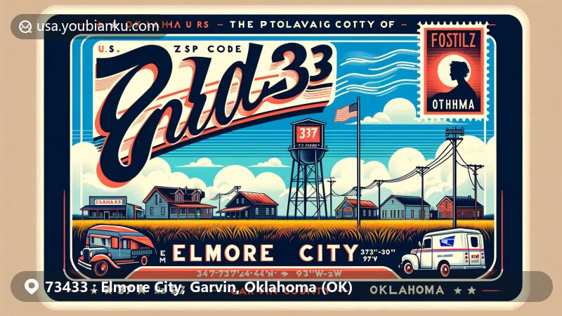 Modern illustration of Elmore City, Garvin County, Oklahoma, embodying postal theme with ZIP code 73433, featuring Oklahoma state symbols, Garvin County outline, vintage postcard elements, and connection to movie Footloose.