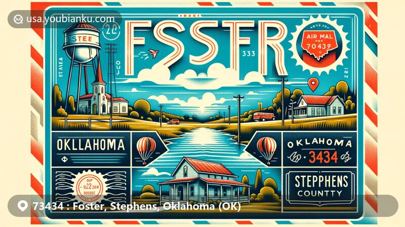 Modern illustration of Foster, Stephens County, Oklahoma, featuring postal theme with ZIP code 73434, showcasing natural beauty and outdoor activities.