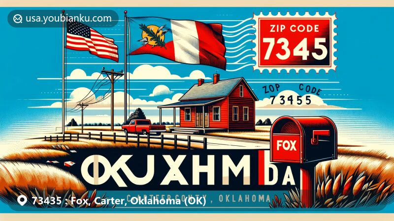 Modern illustration of Fox, Carter County, Oklahoma, showcasing postal theme with ZIP code 73435, featuring Oklahoma state flag, red mailbox, and postmark.