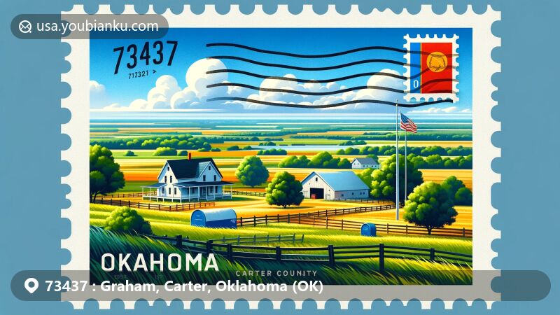 Modern illustration of Graham, Oklahoma in Carter County, blending rural landscape with postal theme for ZIP code 73437, featuring farmhouses, fields, Oklahoma state symbol, postage stamp frame, and postmark effect.