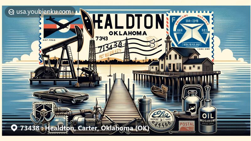 Modern illustration of Healdton, Carter, Oklahoma, portraying historical and postal elements, including oil derrick, Healdton Oil Museum tools, Municipal Lake, and postal motifs for ZIP code 73438.
