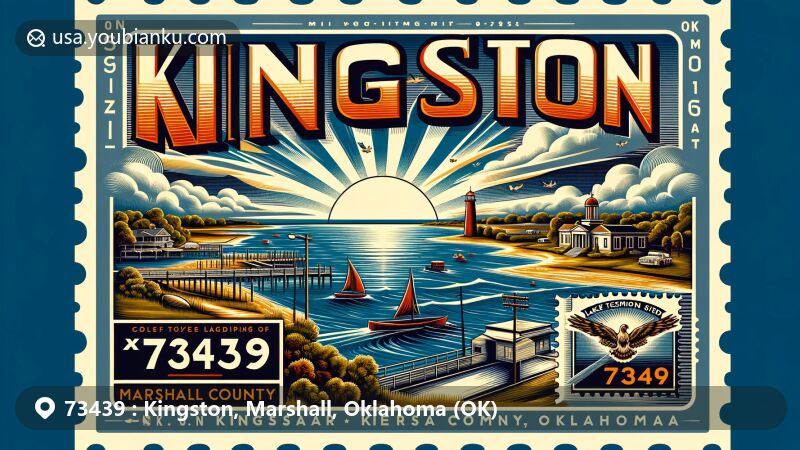 Creative illustration of Kingston, Marshall County, Oklahoma, featuring postal theme with ZIP code 73439, highlighting Lake Texoma and local recreational activities in a modern and captivating style.