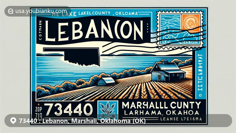 Modern postcard illustration of Lebanon, Marshall County, Oklahoma, showcasing Lake Texoma, rural farming landscape, and Chickasaw cultural heritage, with vintage post stamp featuring ZIP code 73440.