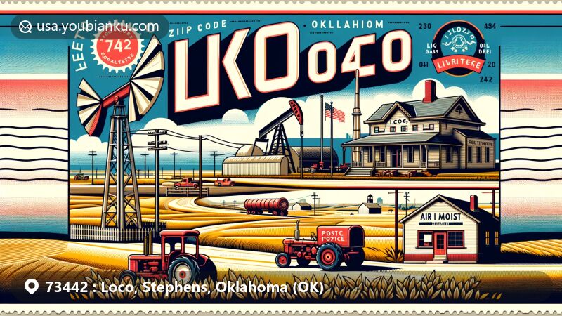 Modern illustration of Loco, Stephens County, Oklahoma, with ZIP code 73442, featuring a post office, American countryside, oil derrick, vintage tractor, and expansive landscape.