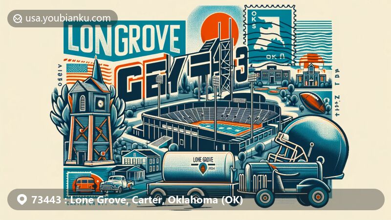Modern illustration of Lone Grove, Carter County, Oklahoma, featuring iconic Lone Grove High School football stadium and reflecting community pride, history, and postal heritage with ZIP code 73443.