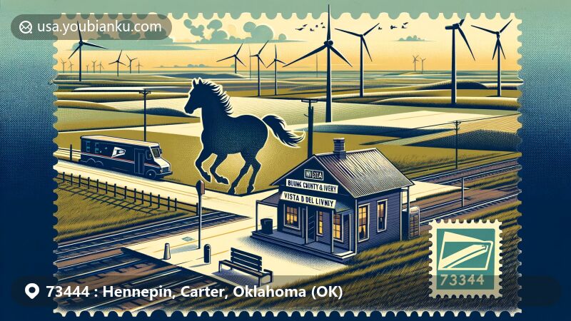 Modern illustration of Hennepin, Carter County, Oklahoma, showcasing postal theme with ZIP code 73444, featuring Hennepin Post Office and rural landscape.