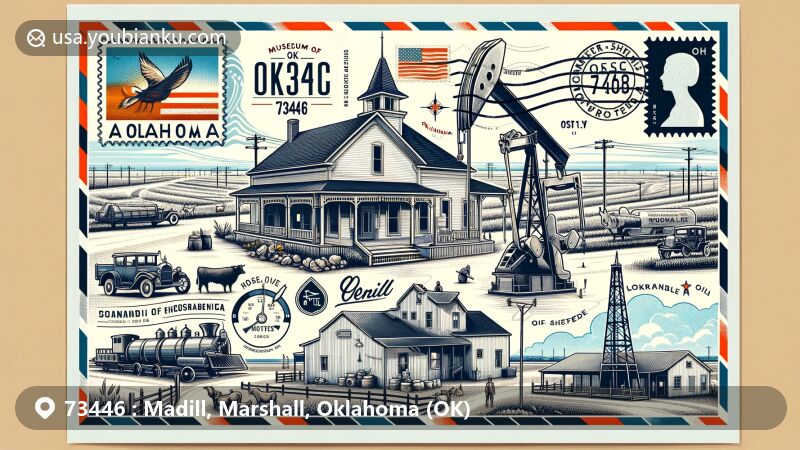 Modern illustration of Madill, Oklahoma (73446), featuring Madill Post Office and Worth Hotel, Museum of Southern Oklahoma, city's farming and ranching heritage, Lake Texoma, vintage oil derrick, stamp with Oklahoma state flag, postal mark 'Madill, OK 73446', vibrant community elements like festivals and outdoor activities.