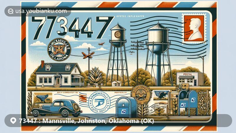 Modern illustration of Mannsville, Johnston County, Oklahoma, representing ZIP code 73447 with airmail envelope motif and key elements like water tower, Chickasaw Nation symbols, and postal imagery.
