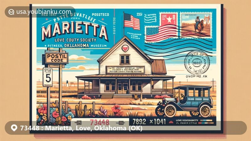 Modern illustration of Marietta, Love County, Oklahoma, showcasing postal theme with ZIP code 73448, featuring Love County Historical Society Pioneer Museum and Oklahoma state symbols.