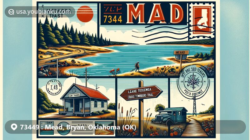 Vibrant illustration of Mead, Oklahoma, with ZIP code 73449, showcasing Lake Texoma, Cross Timbers Trail sign, 1950s post office, and Oklahoma state flag.