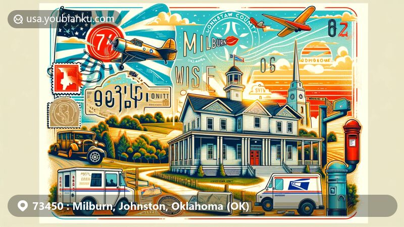 Modern illustration of Milburn, Johnston County, Oklahoma, featuring postal theme with ZIP code 73450, showcasing Chickasaw White House and Oklahoma state symbols.
