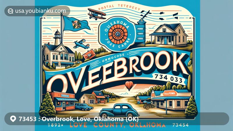 Modern illustration of Overbrook, Oklahoma (OK), displaying small-town charm and Love County's natural beauty, featuring vintage air mail theme with ZIP code 73453 and Oklahoma state symbols.