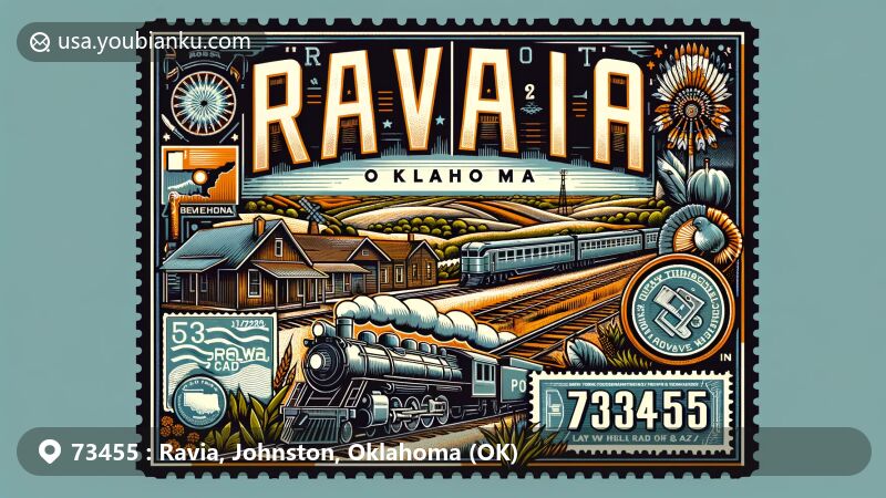 Modern illustration of Ravia, Johnston County, Oklahoma, highlighting Native American culture, geographical features, and railroad history, with vintage postal elements and ZIP code 73455.